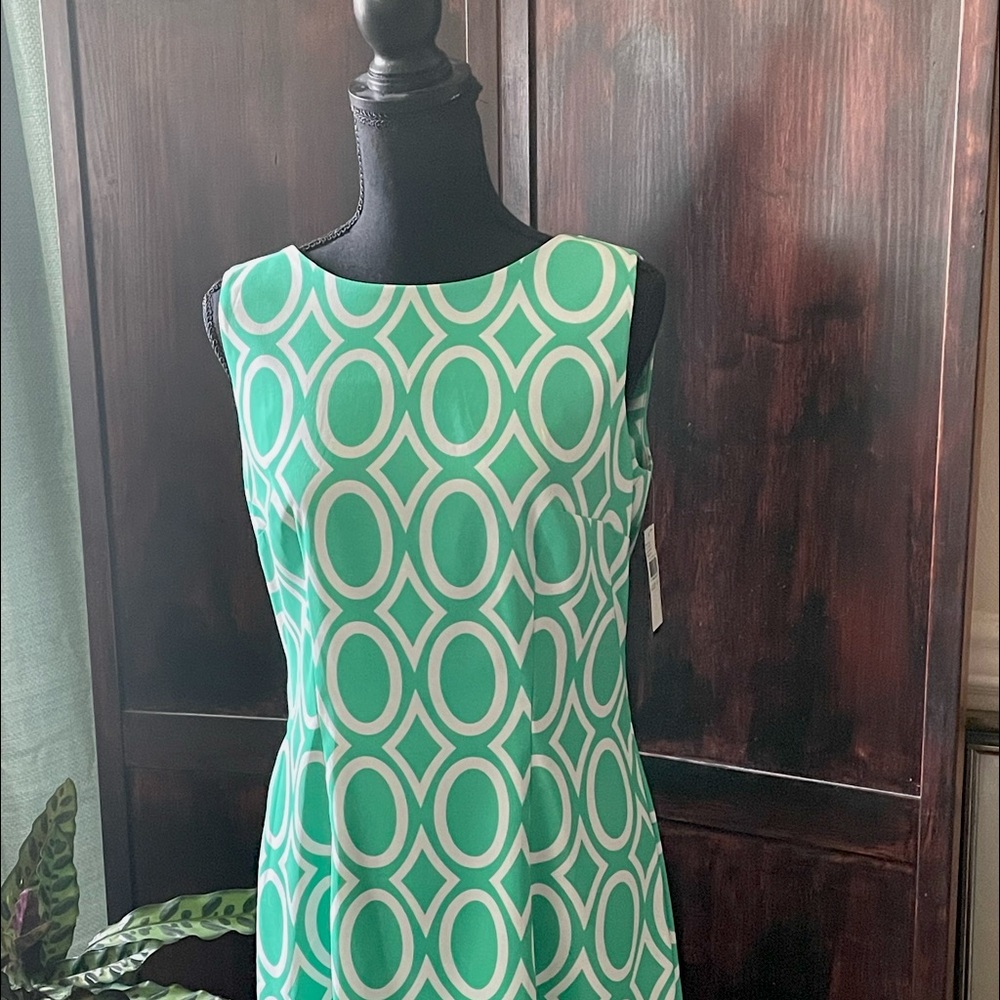 Cute classic green and white dress with geometric pattern. Never worn